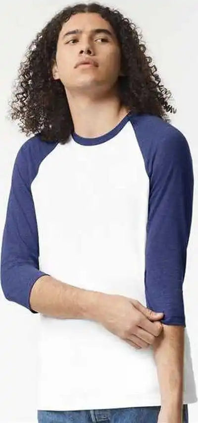 American Apparel 2003cvc Unisex Cvc Three Quarter Sleeve Tee White Heather Indigo