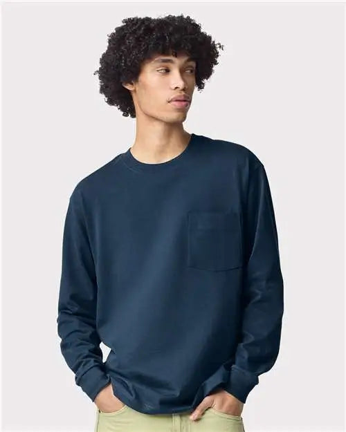 American Apparel 9410a Super Heavyweight Long Sleeve Pocket Tee - 9410 - Sea Blue