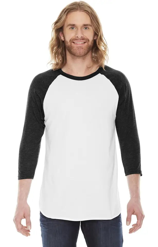 American Apparel Bb453 Usa-made 50/50 Poly/cotton Raglan Three-quarter Sleeve Tee - us - White Heather Black - White/