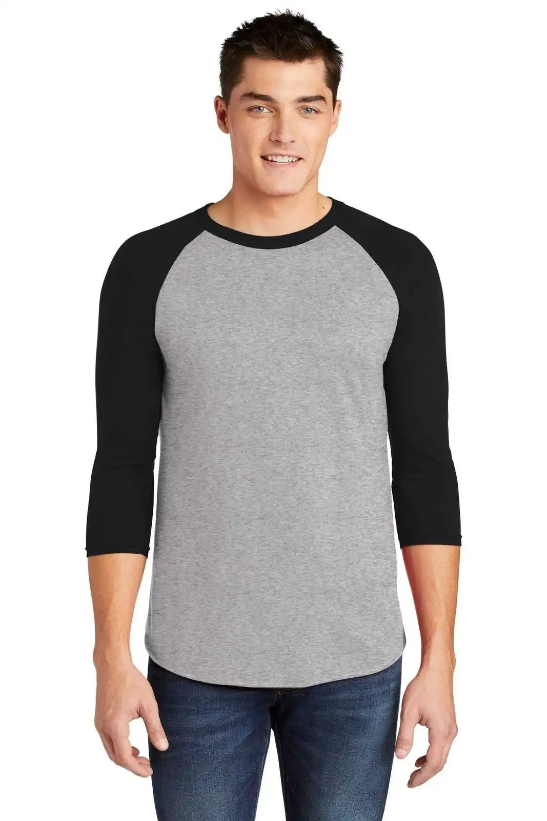 American Apparel Bb453w Poly-cotton 3/4-sleeve Raglan T-shirt - Heather Gray Black - Adult Xl