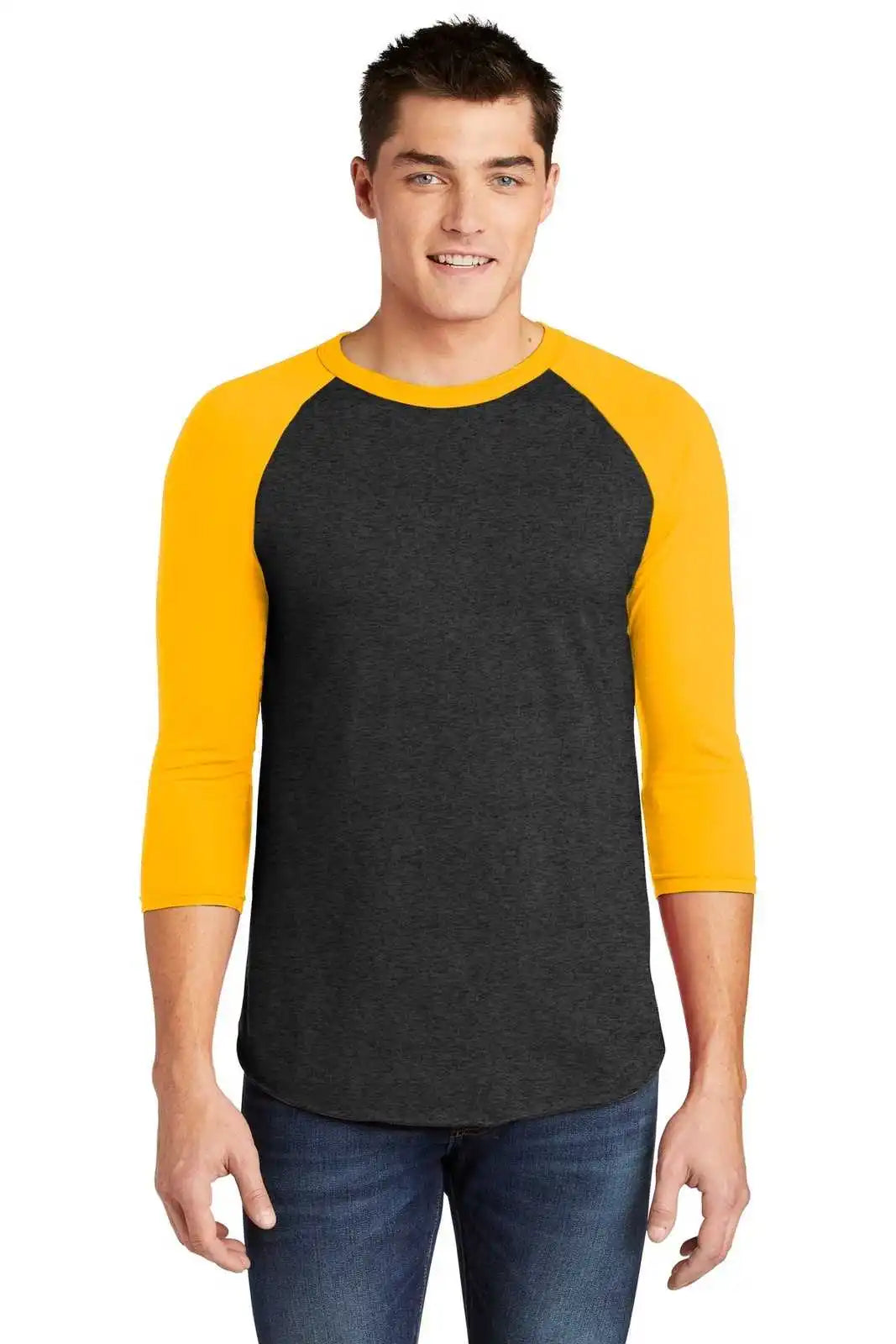 American Apparel Bb453w Poly-cotton 3/4-sleeve Raglan T-shirt - Heather Black/ Gold