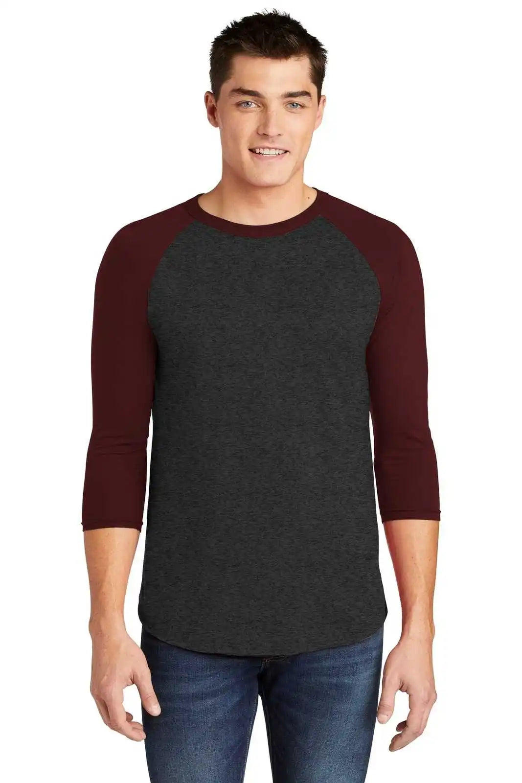 American Apparel Bb453w Poly-cotton 3/4-sleeve Raglan T-shirt - Heather Black/ Truffle
