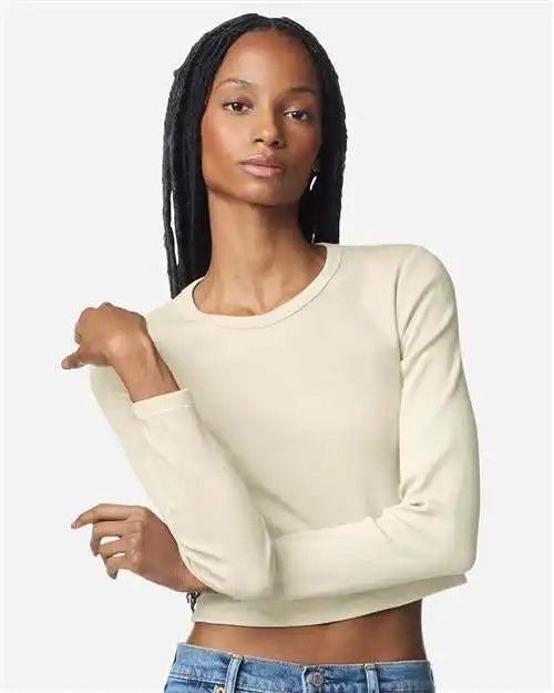 American Apparel Br2107 Women’s Baby Rib Long Sleeve Cropped Tee - Bone - s