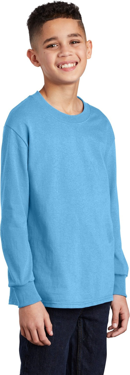 Aquatic Blue Port & Co Youth Long Sleeve Core Cotton Tee. PC54YLS