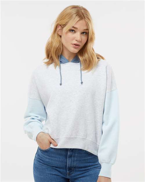 Arctic Blue Women's Sueded Fleece Colorblocked Crop Hooded Sweatshirt - W23716