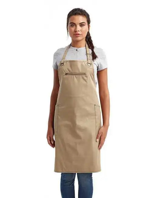 Artisan Collection by Reprime Rp121 Unisex Barley Contrast Stitch Sustainable Bib Apron Khaki / one Size Fits Most