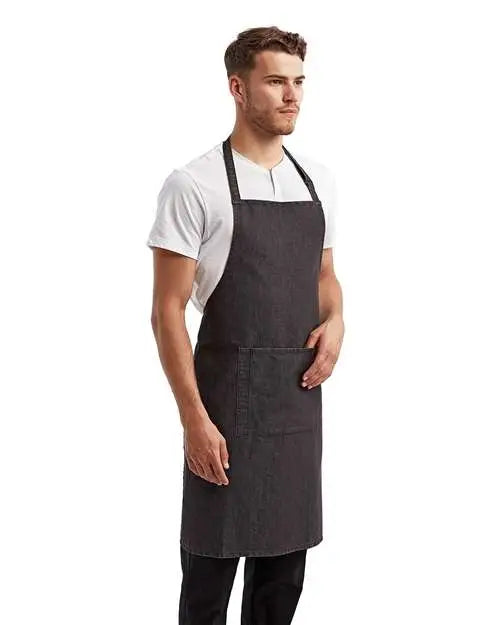 Artisan Collection by Reprime Rp154 Recycled Bib Apron with Pocket - Black Denim - one Size Fits Most