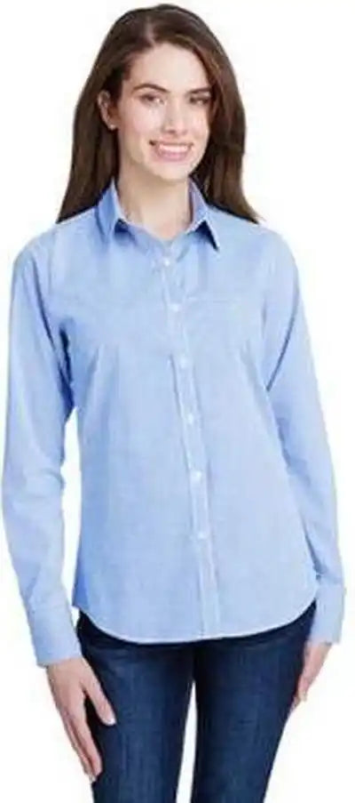 Artisan Collection by Reprime Rp320 Ladies’ Microcheck Gingham Long-sleeve Cotton Shirt - Light Blue White