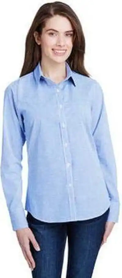 Artisan Collection by Reprime Rp320 Ladies’ Microcheck Gingham Long-sleeve Cotton Shirt - Light Blue White