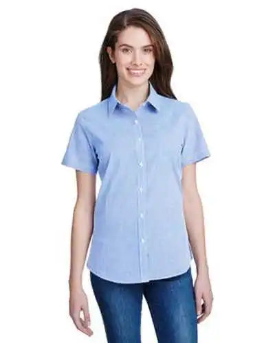 Artisan Collection by Reprime Rp321 Ladies’ Microcheck Gingham Short-sleeve Cotton Shirt - Light Blue White