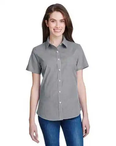 Artisan Collection by Reprime Rp321 Ladies’ Microcheck Gingham Short-sleeve Cotton Shirt - Black White