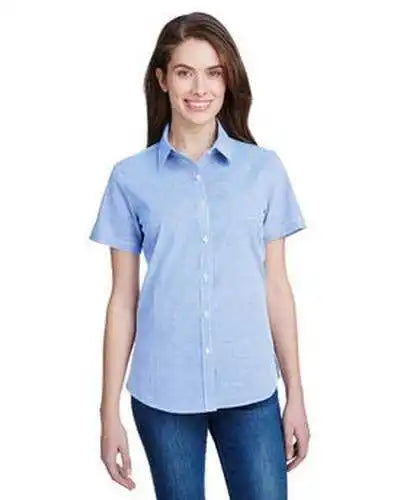Artisan Collection by Reprime Rp321 Ladies’ Microcheck Gingham Short-sleeve Cotton Shirt - Light Blue White
