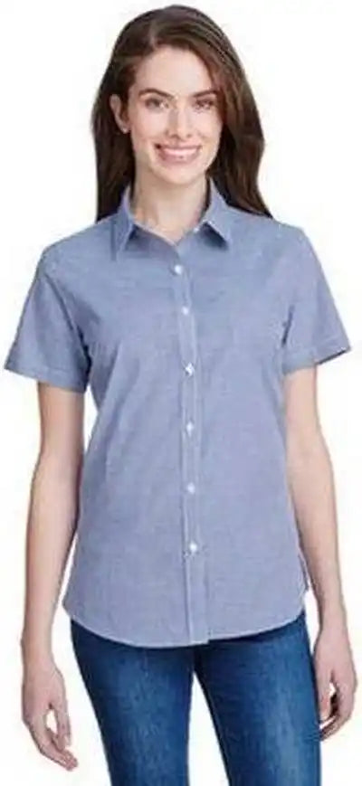 Artisan Collection by Reprime Rp321 Ladies’ Microcheck Gingham Short-sleeve Cotton Shirt - Navy White