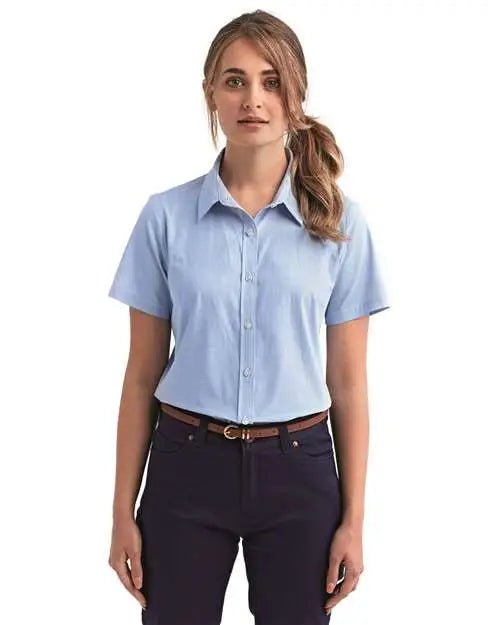 Artisan Collection by Reprime Rp321 Women’s Microcheck Gingham Short Sleeve Cotton Dress Shirt - Light Blue White