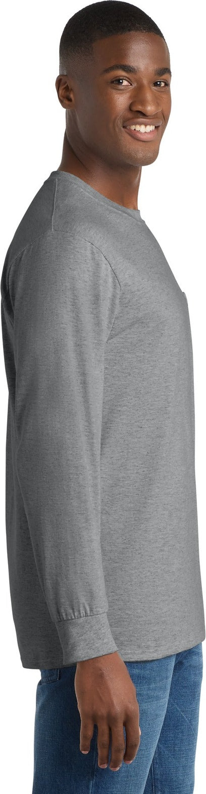 Athletic Hthr Port & Co Tall Long Sleeve Essential Pocket Tee. PC61LSPT