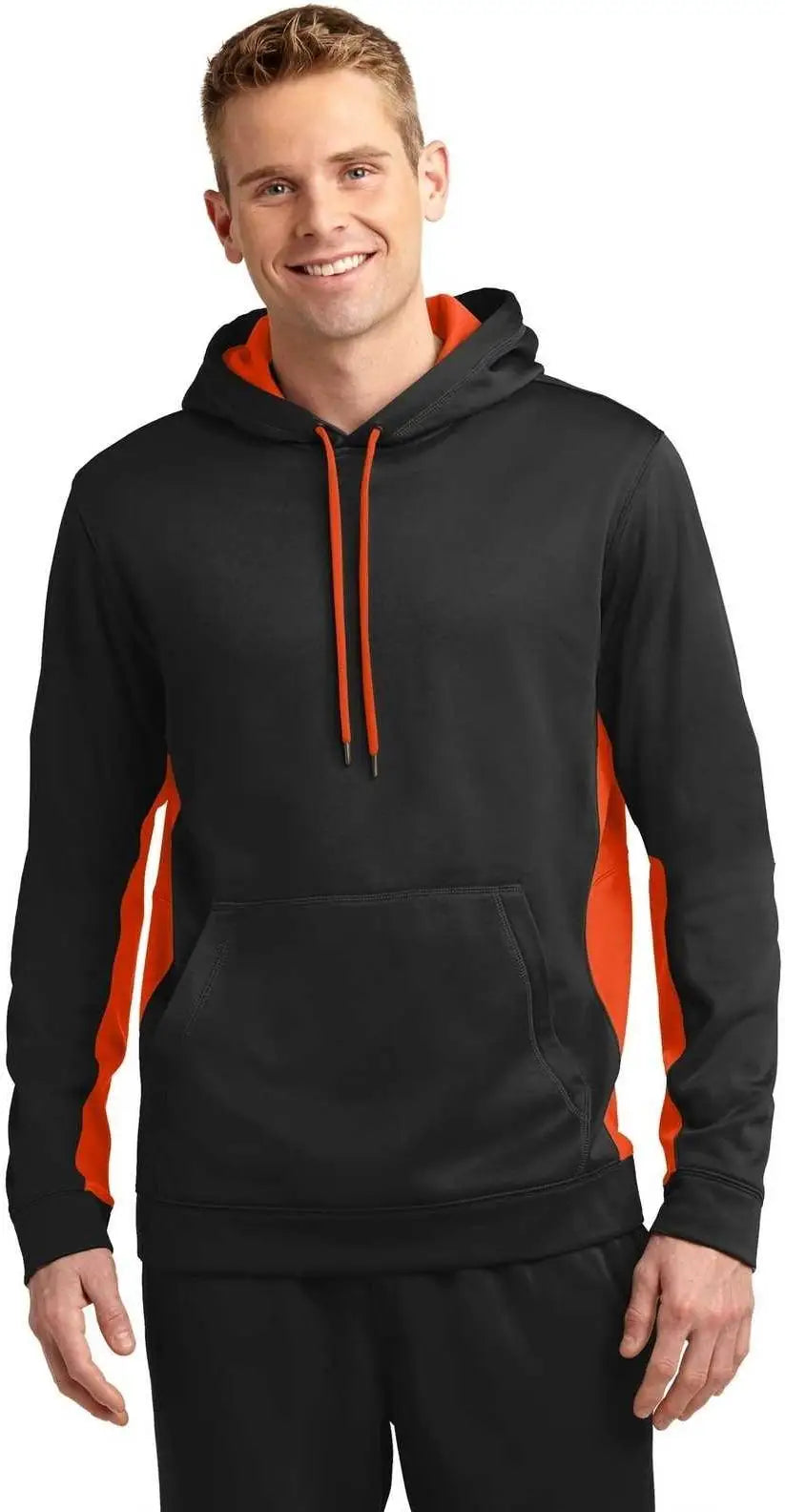Sport-tek St235 Sport-wick Fleece Colorblock Hooded Pullover - Black Deep Orange