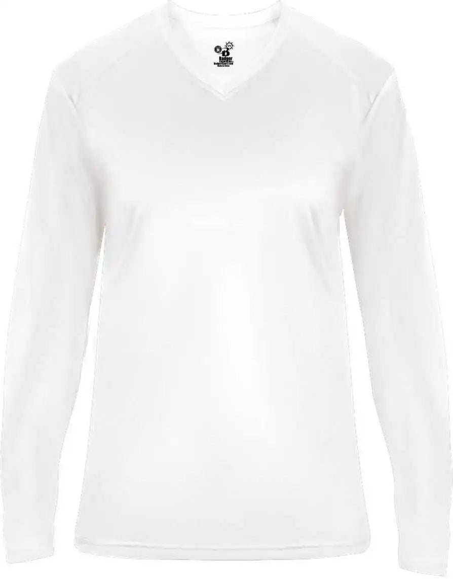 Badger Sport 4064 Ultimate Softlock v Neck Ladies Long Sleeve Tee White