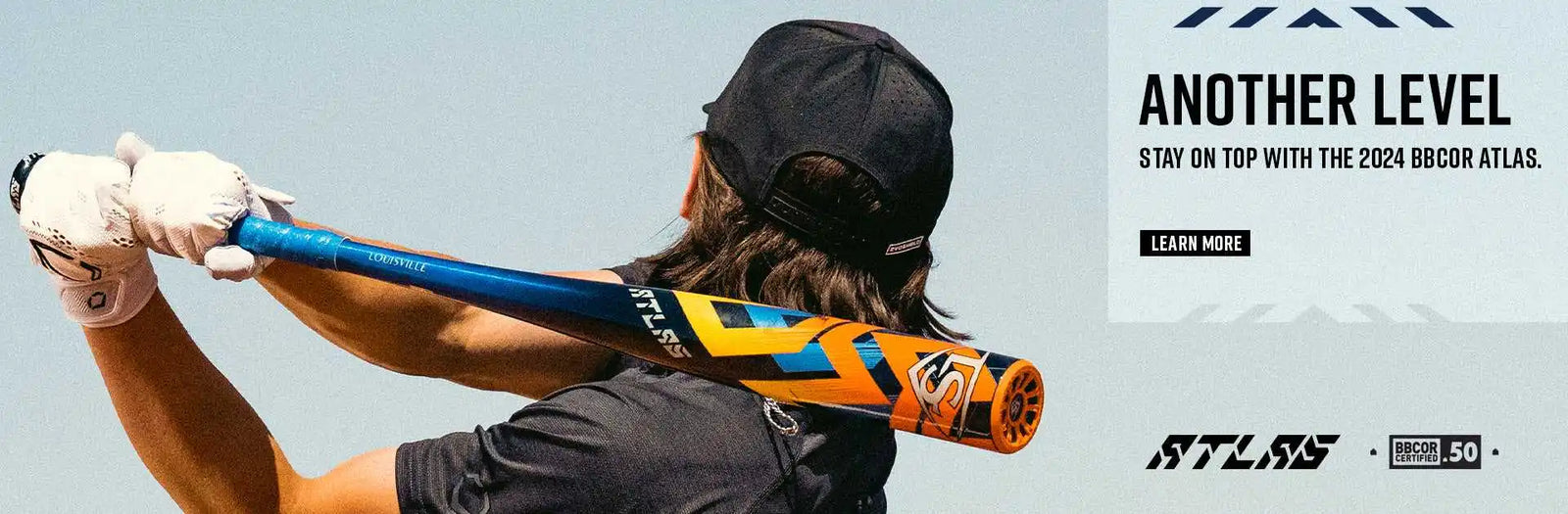 A baseball bat with a blue grip, and a blue, yellow, and orange barrel.