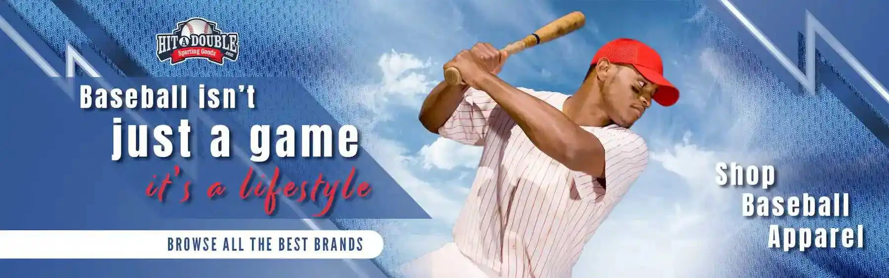 A baseball player in a pinstripe jersey and red cap, mid-swing with a wooden bat.