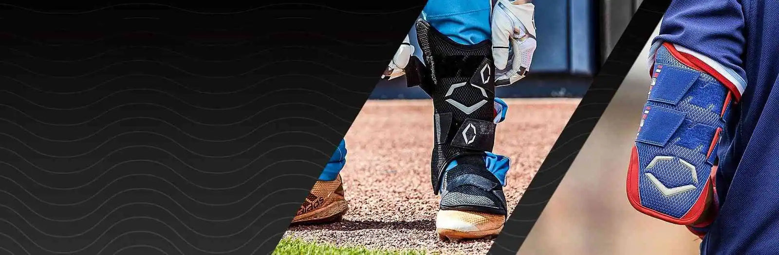 Baseball protective gear including a shin guard and an elbow guard.