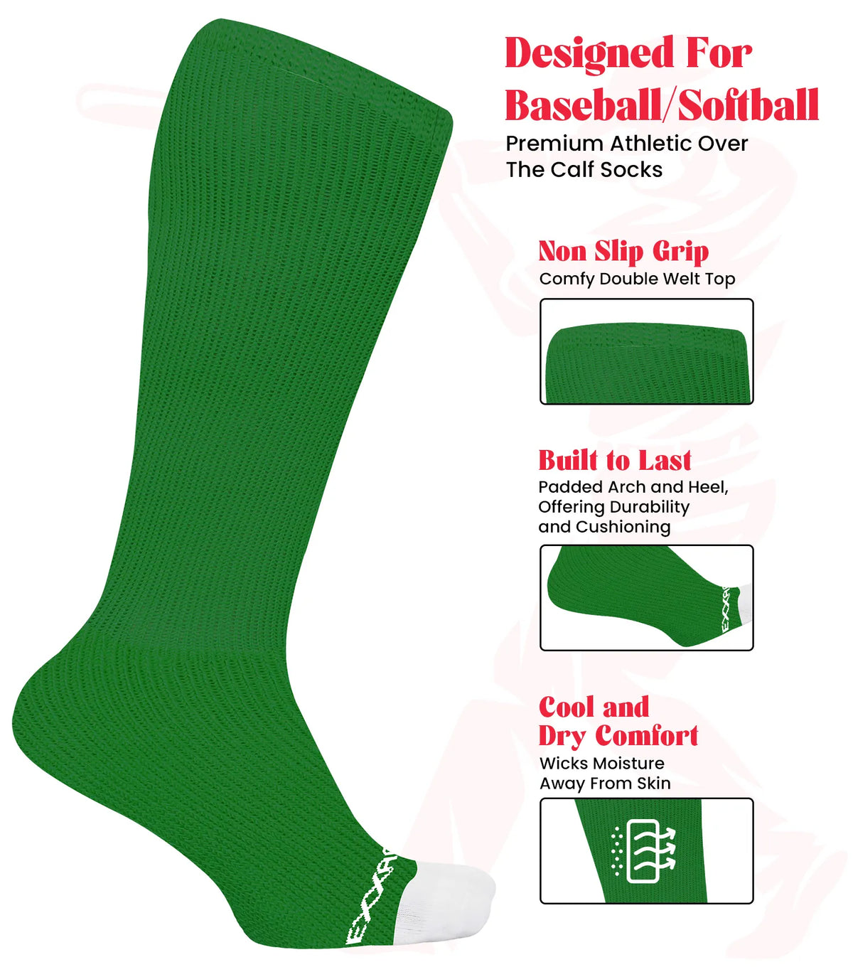Baseball Socks and Belt Combo Set for Boys & Girls Adult Youth Sizes (kelly Green)
