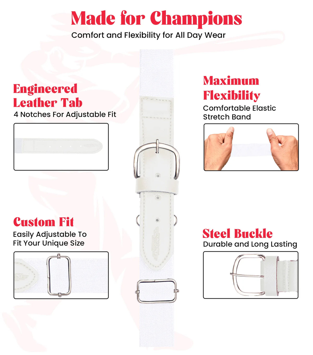 Baseball Socks and Belt Combo Set for Boys & Girls Adult Youth Sizes (white)