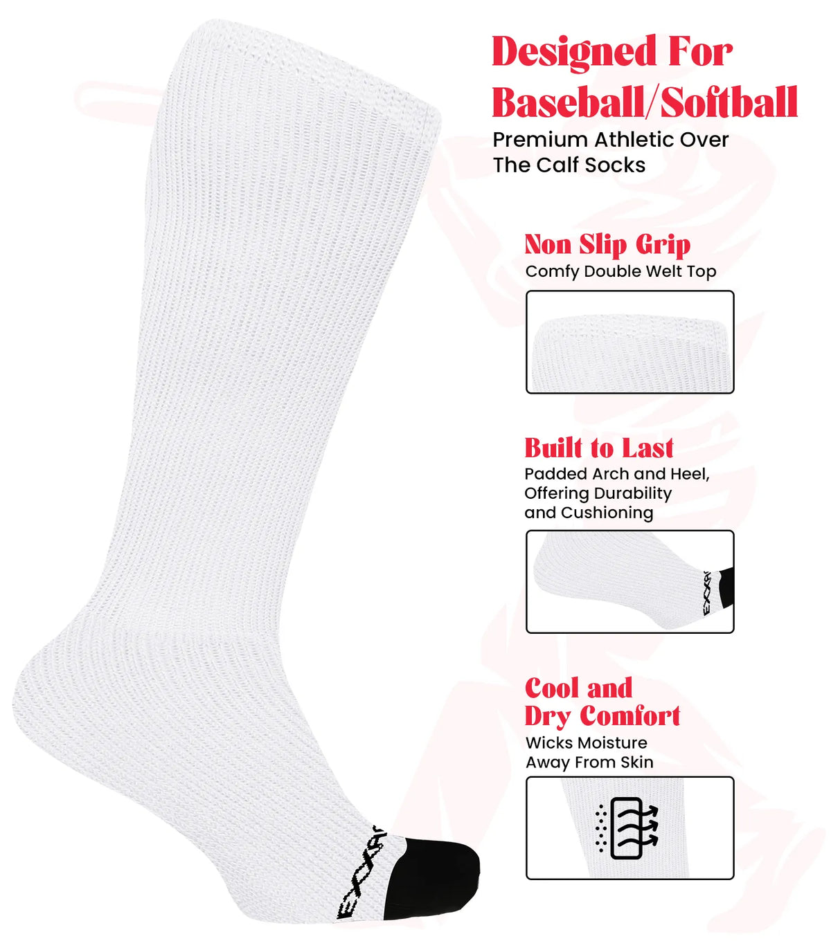 Baseball Socks and Belt Combo Set for Boys & Girls Adult Youth Sizes (white)
