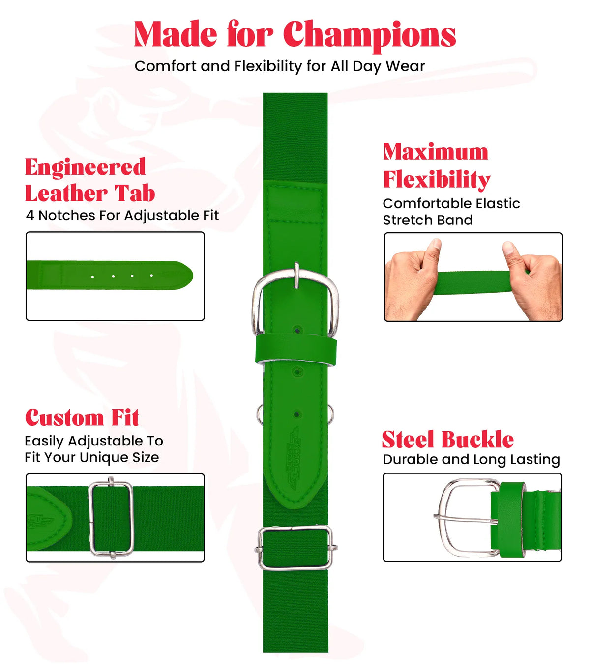 Baseball Socks and Belt Combo Set for Boys & Girls Adult Youth Sizes (kelly Green)