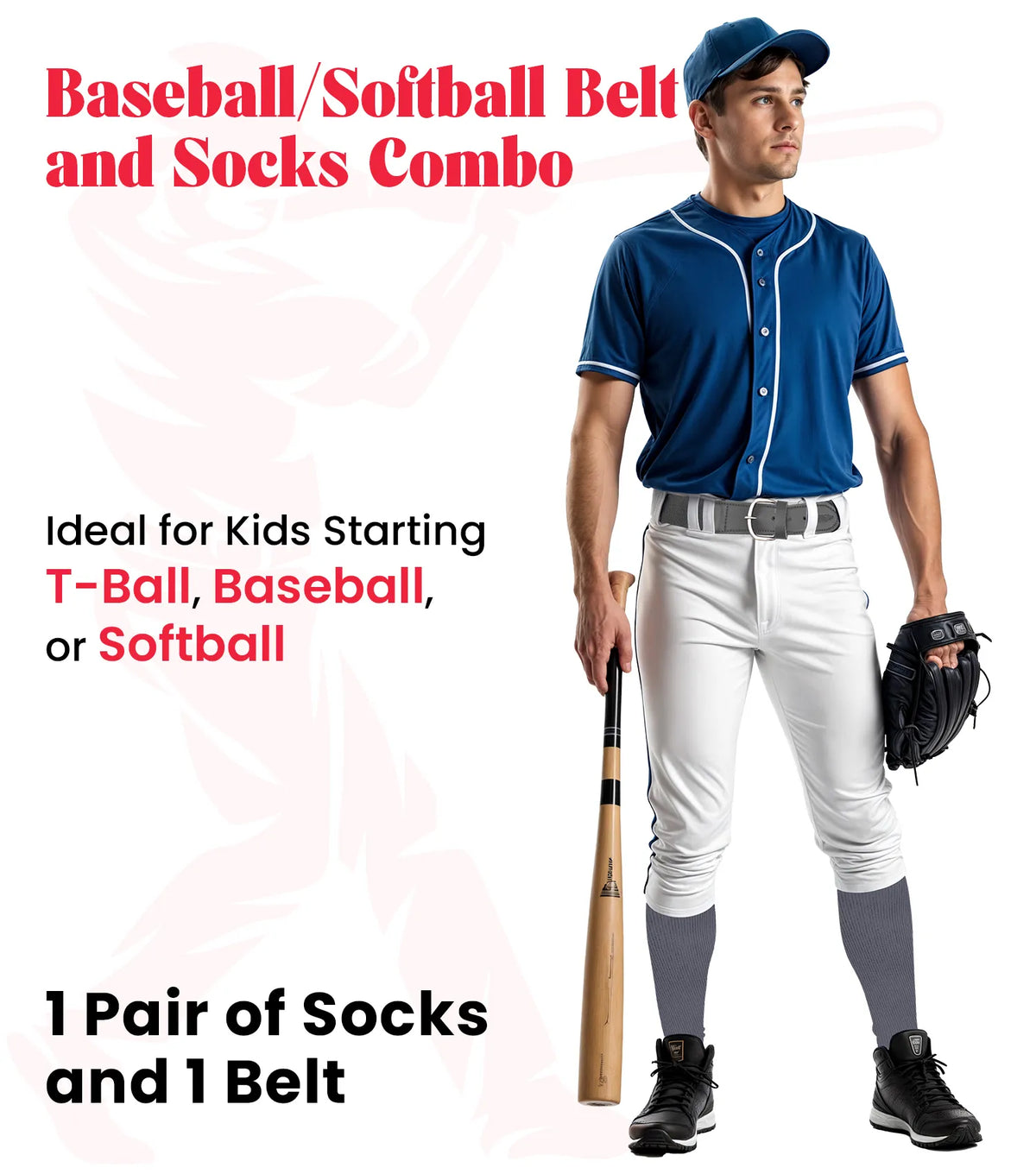 Baseball Socks and Belt Combo Set for Boys & Girls Adult Youth Sizes (charcoal)