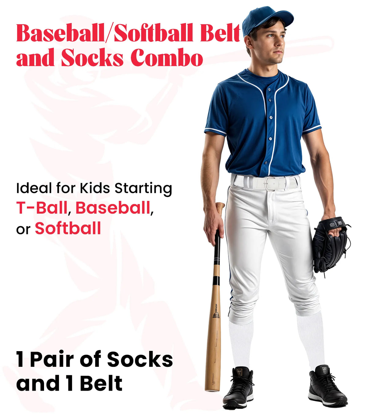 Baseball Socks and Belt Combo Set for Boys & Girls Adult Youth Sizes (white)