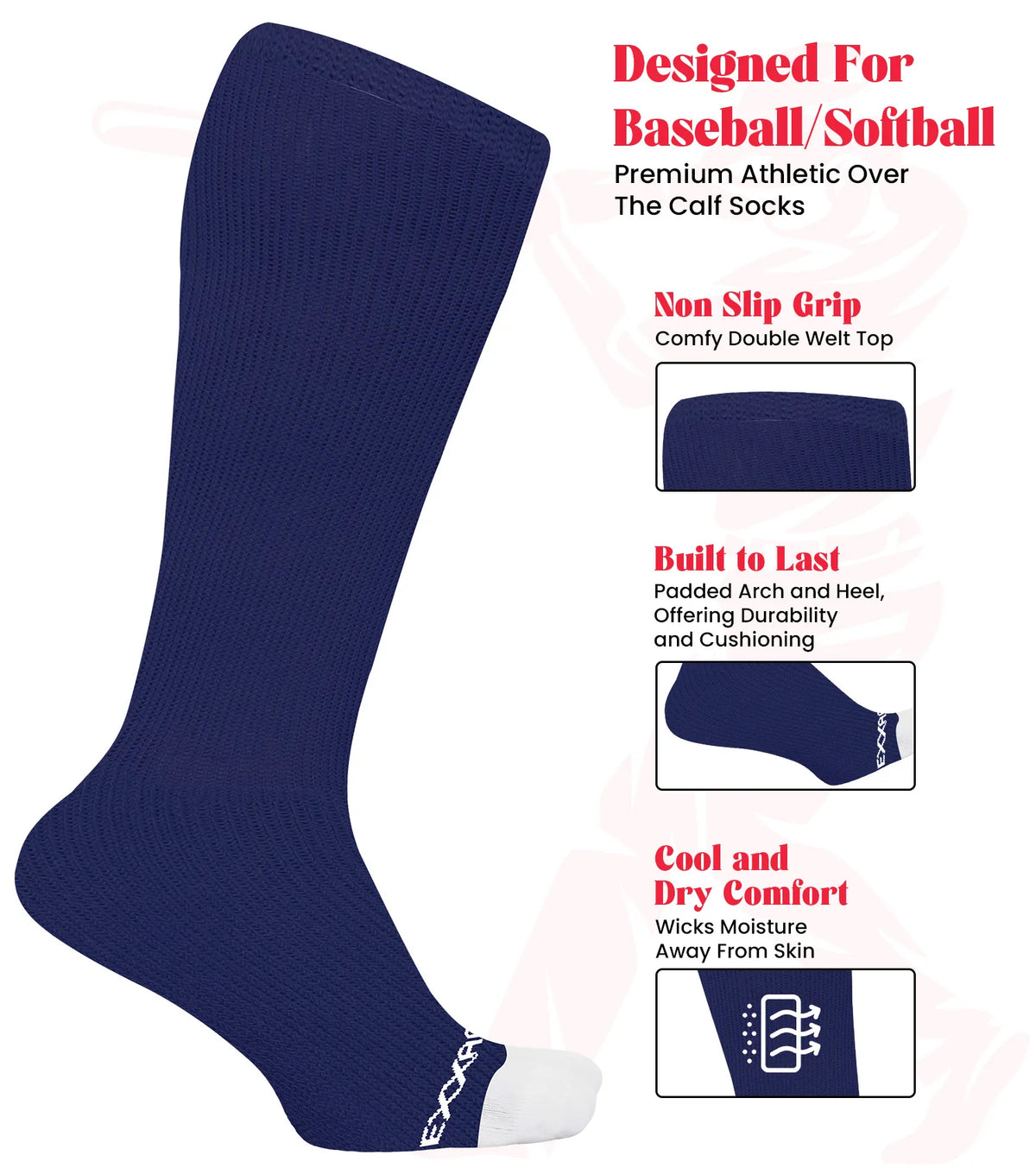 Baseball Socks and Belt Combo Set for Boys & Girls Adult Youth Sizes (navy)