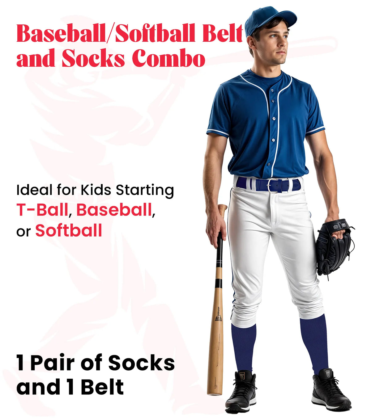 Baseball Socks and Belt Combo Set for Boys & Girls Adult Youth Sizes (navy)