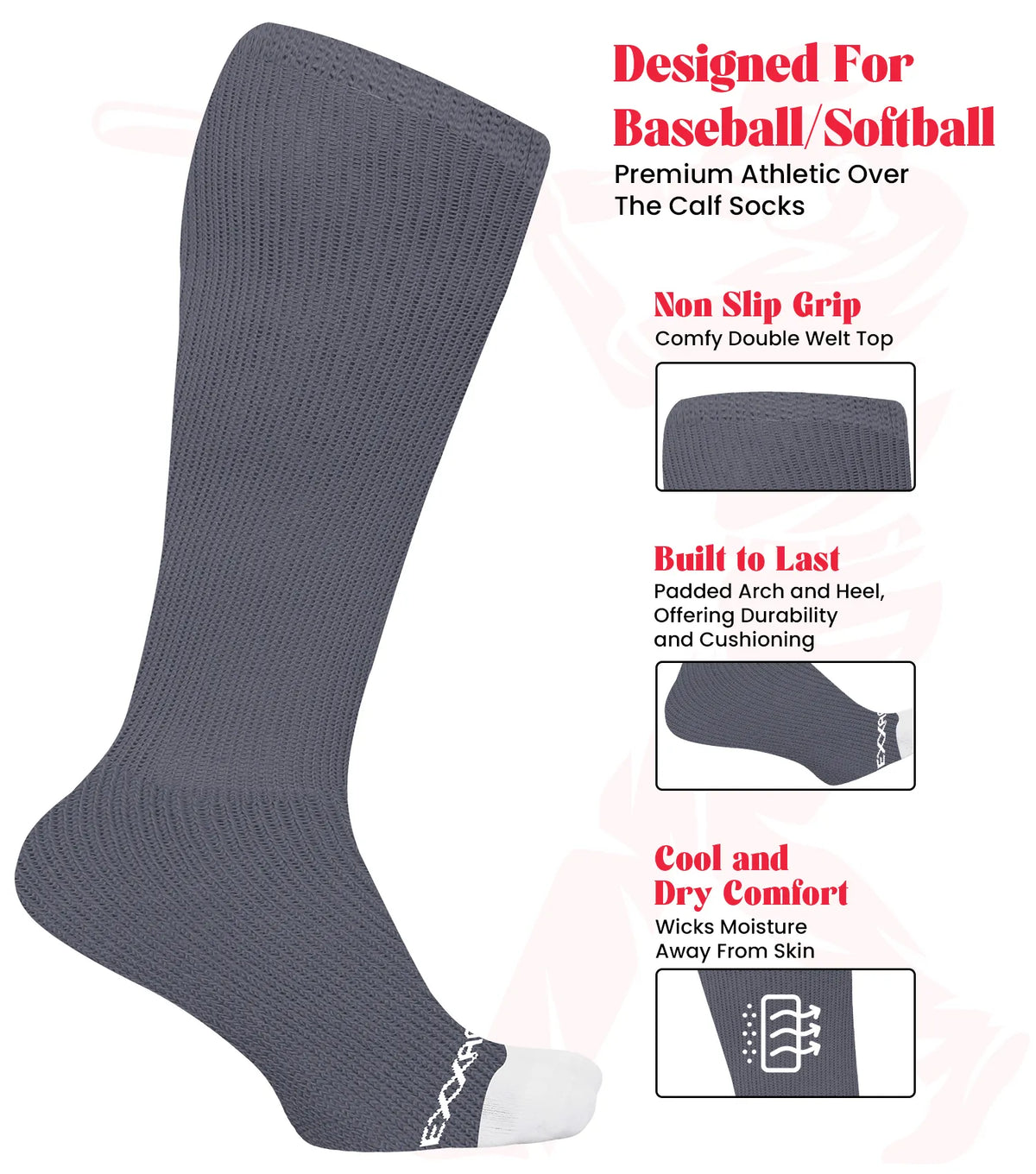 Baseball Socks and Belt Combo Set for Boys & Girls Adult Youth Sizes (charcoal)