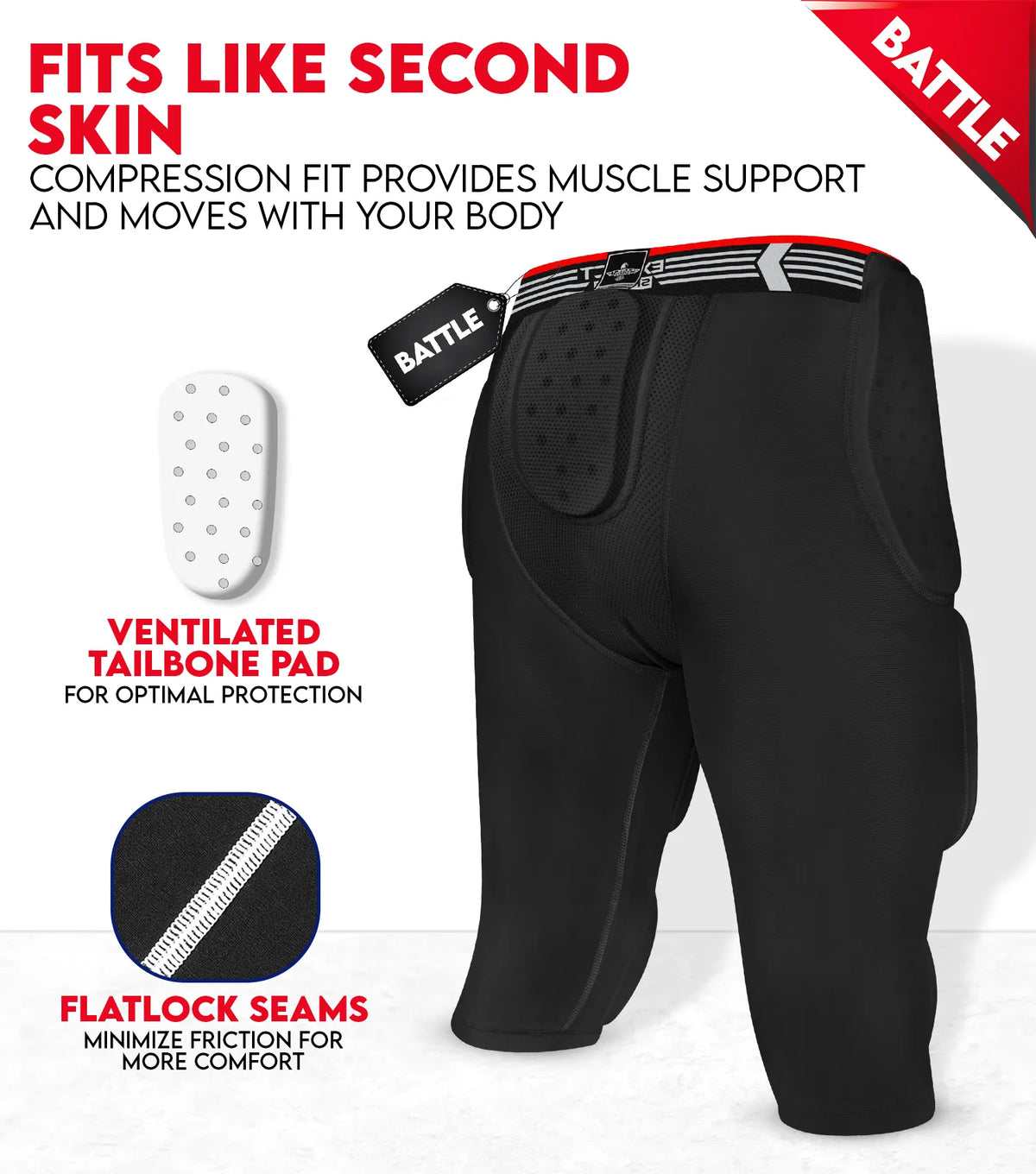 Battle 7-pad Men’s Football Girdle with Cup Pocket Black (adult)