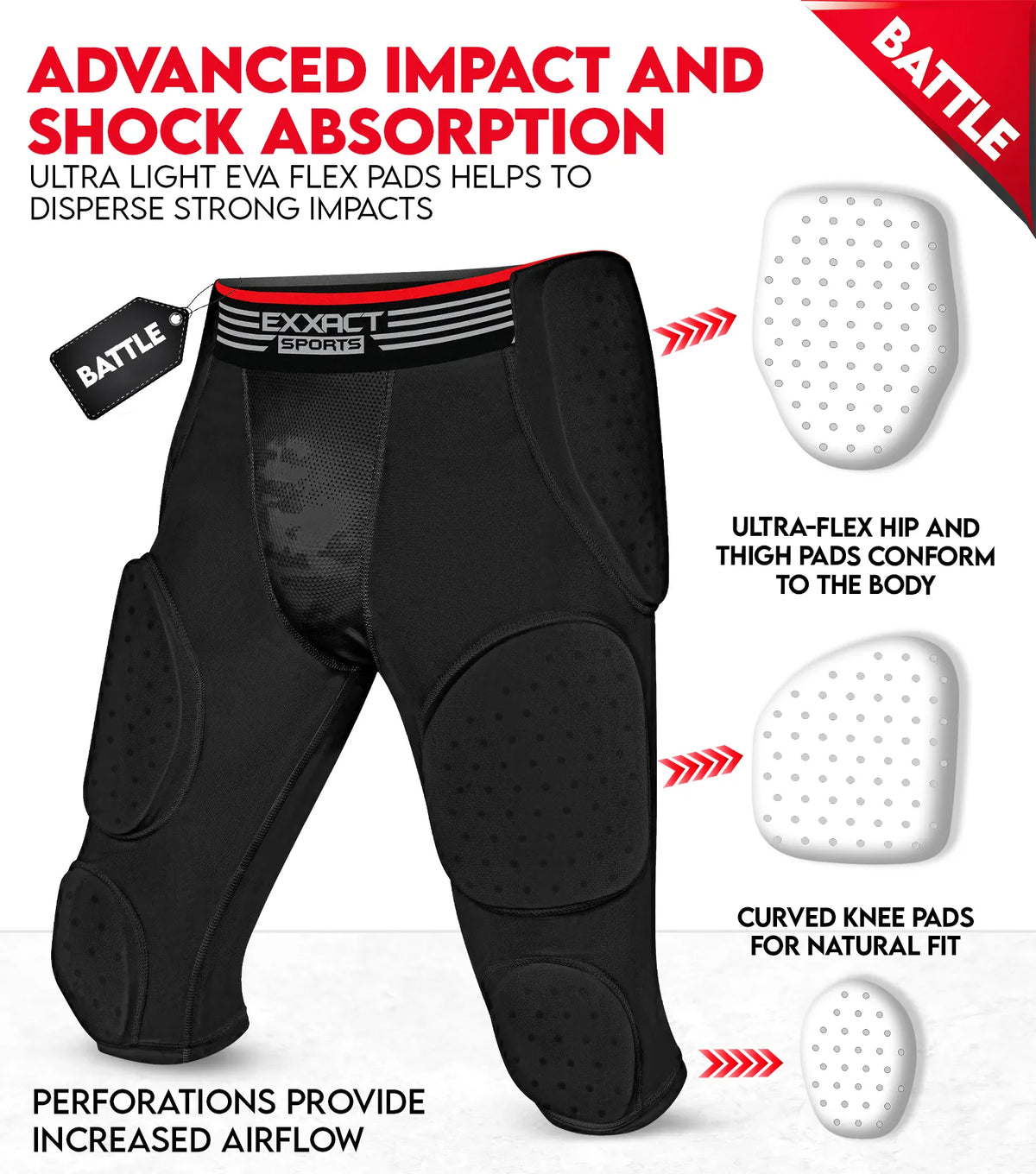 Battle 7-pad Men’s Football Girdle with Cup Pocket Black (adult)