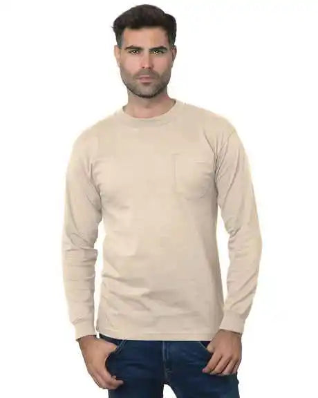 Bayside 3055 Union-made Long Sleeve T-shirt with a Pocket - Sand