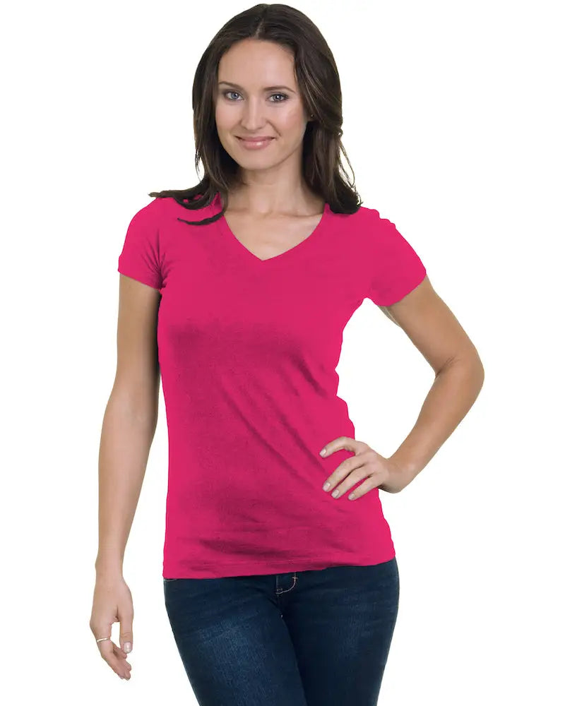 Bayside 3407 Juniors’ Usa-made V-neck T-shirt - Bright Pink