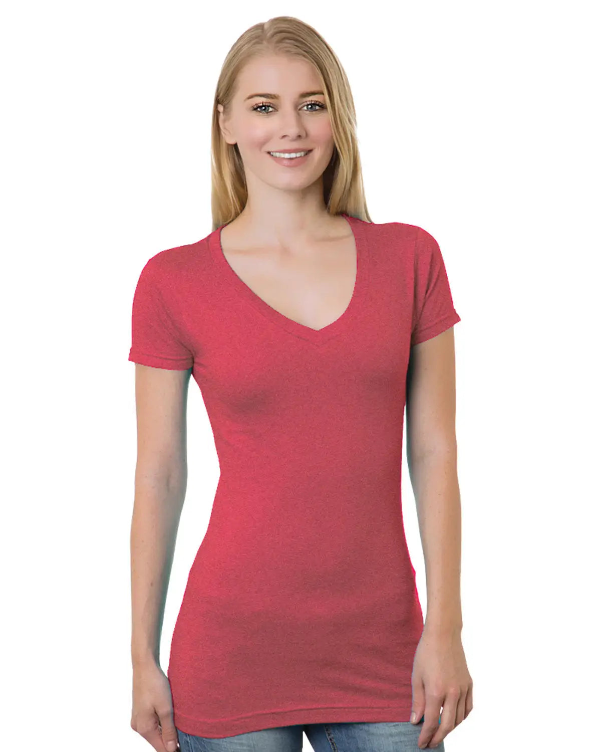 Bayside 3407 Juniors’ Usa-made V-neck T-shirt - Heather Red