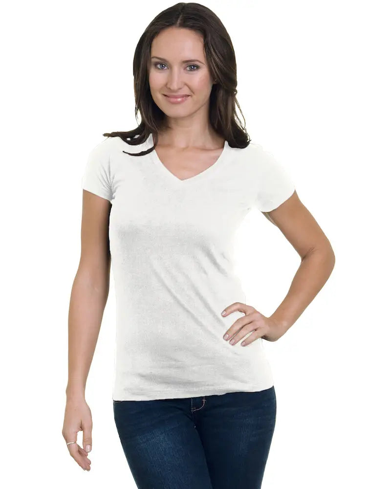 Bayside 3407 Juniors’ Usa-made V-neck T-shirt - White