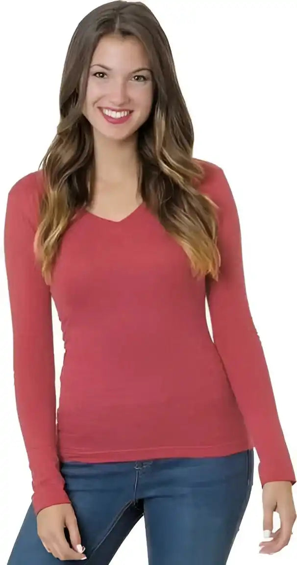 Bayside 3415 Women’s Usa Made Long Sleeve Deep v Neck Heather Red