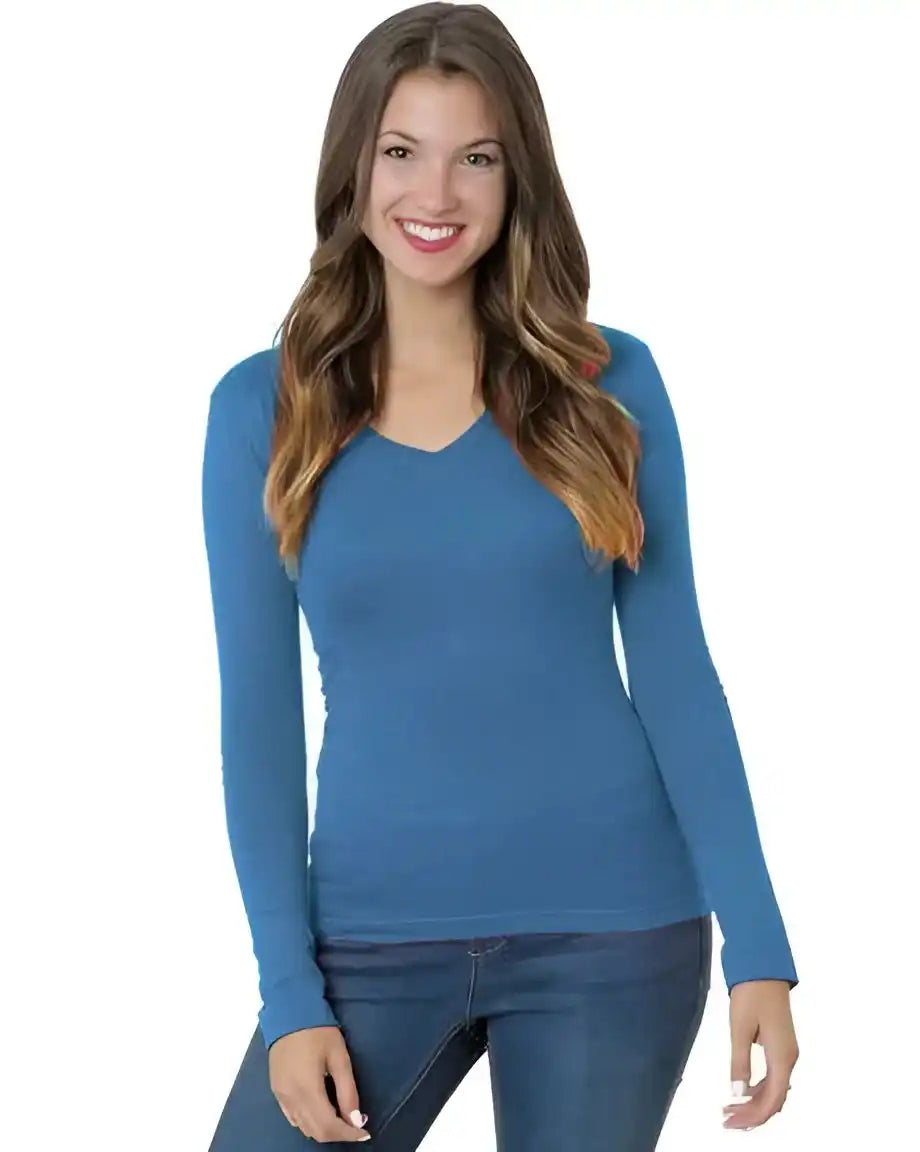 Bayside 3415 Women’s Usa Made Long Sleeve Deep v Neck Heather Royal