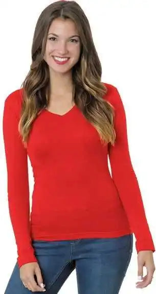 Bayside 3415 Women’s Usa-made Long Sleeve Deep V-neck - Red