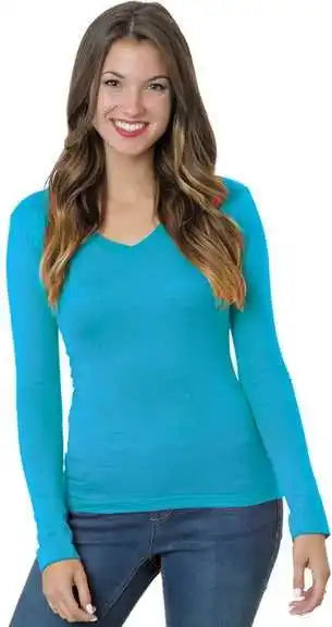 Bayside 3415 Women’s Usa-made Long Sleeve Deep V-neck - Turquoise