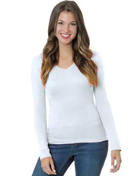 Bayside 3415 Women’s Usa-made Long Sleeve Deep V-neck - White