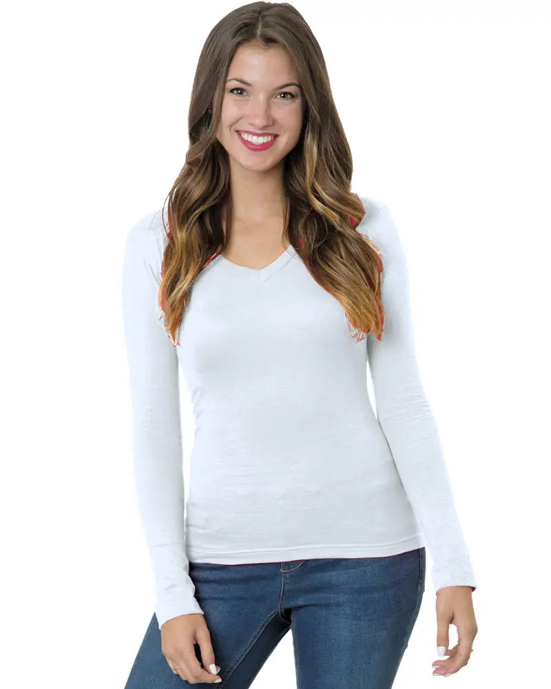 Bayside 3415b Women’s Usa-made Deep V-neck Long Sleeve T-shirt - 3415 - White