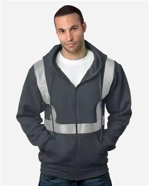 Bayside 3737b Usa-made Hi-visibility Full-zip Hooded Sweatshirt - Segmented Tape - 3737 - Charcoal Heather - s