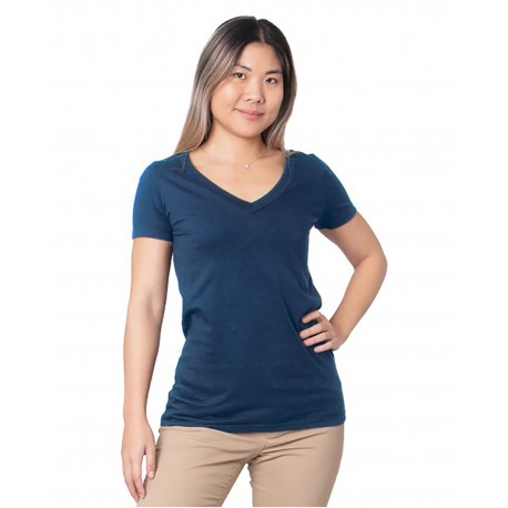 Bayside 5875 Women's USA-Made Fine Jersey V-Neck T-Shirt - Navy
