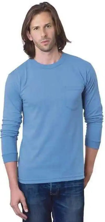 Bayside 8100 Usa Made Long Sleeve t Shirt with a Pocket Carolina Blue