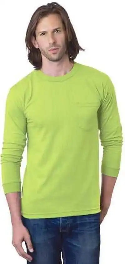 Bayside 8100 Usa Made Long Sleeve t Shirt with a Pocket Lime Green