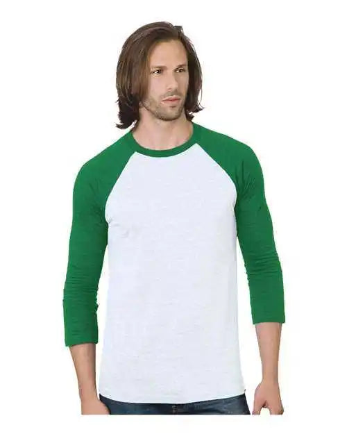 Bayside 9525 Triblend Three Quarter Sleeve Raglan Tee White Kelly